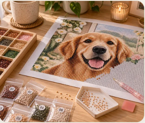 Diamond art project materials and work surface